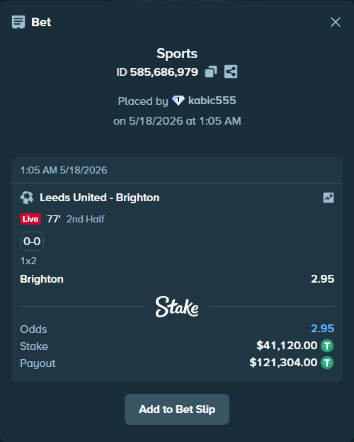 Bet slip: Leeds United - Brighton, $41,120.00 stake at 2.95 odds, placed by kabic555