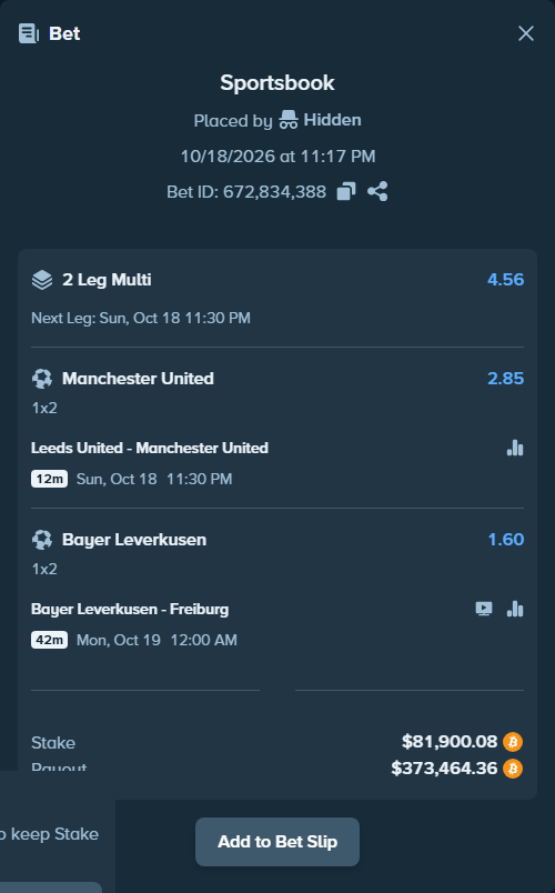 Bet slip: Leeds United - Manchester United, $80,779.00 stake at 2.85 odds, placed by Lilyoung07