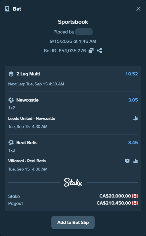 Bet slip: Leeds United - Newcastle, $14,800.00 stake at 3.05 odds, placed by Gheer28