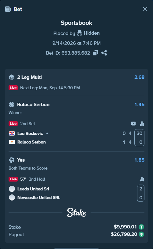 Bet slip: Leeds United SRL - Newcastle United SRL, $10,000.00 stake at 1.85 odds, placed by Hidden