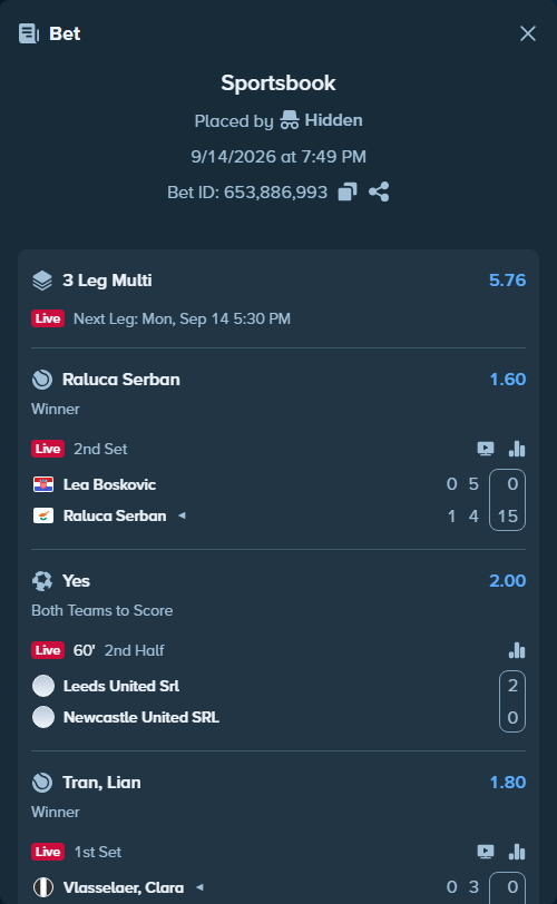 Bet slip: Leeds United SRL - Newcastle United SRL, $10,000.00 stake at 2.00 odds, placed by Hidden