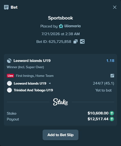 Bet slip: Leeward Islands - Trinidad And Tobago, $10,618.61 stake at 1.18 odds, placed by liliamaria