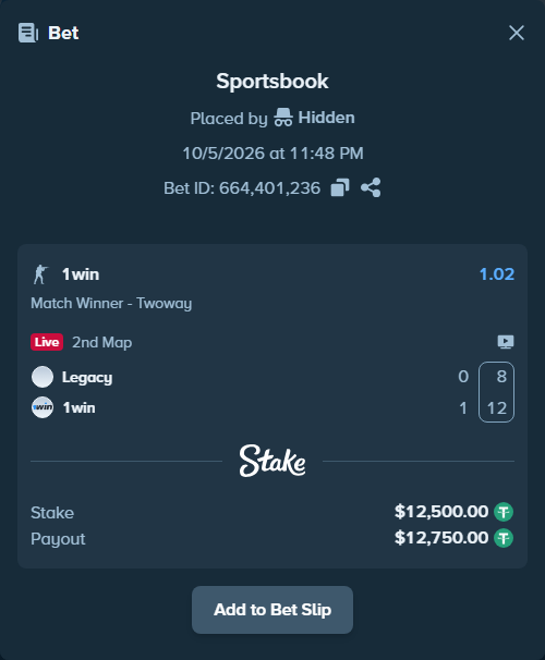 Bet slip: Legacy - 1win, $12,500.00 stake at 1.02 odds, placed by Håvardlied2004