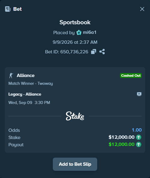 Bet slip: Legacy - Alliance, $12,000.00 stake at 3.80 odds, placed by mi6a1