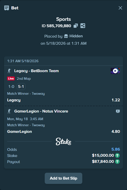 Bet slip: Legacy - BetBoom Team, $15,000.00 stake at 1.22 odds, placed by Hidden