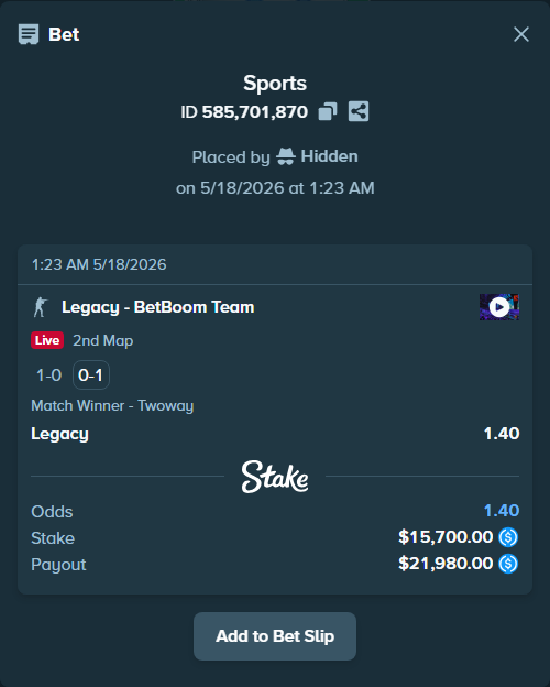 Bet slip: Legacy - BetBoom Team, $15,700.00 stake at 1.40 odds, placed by Hidden