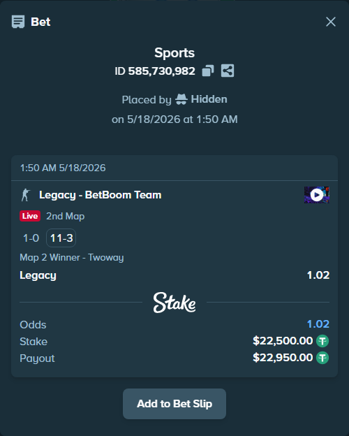 Bet slip: Legacy - BetBoom Team, $22,500.00 stake at 1.02 odds, placed by Hidden
