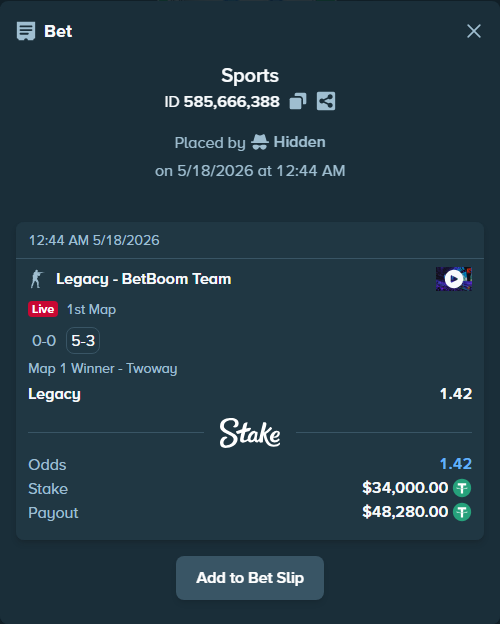 Bet slip: Legacy - BetBoom Team, $34,000.00 stake at 1.42 odds, placed by Hidden