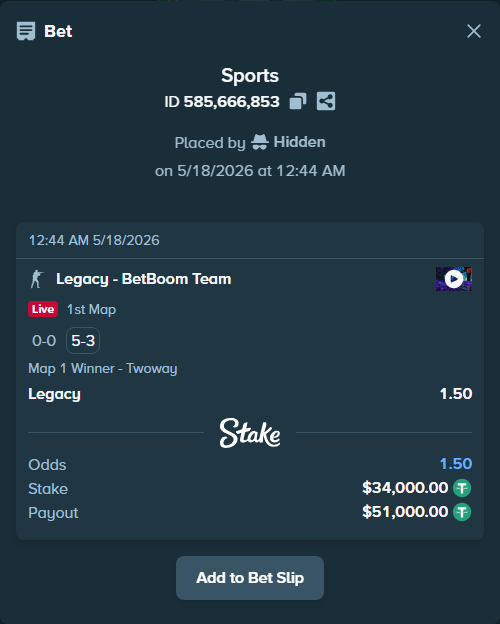 Bet slip: Legacy - BetBoom Team, $34,000.00 stake at 1.50 odds, placed by Hidden