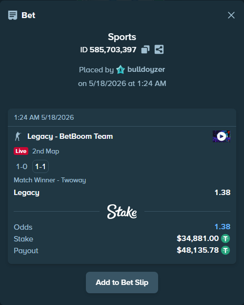Bet slip: Legacy - BetBoom Team, $34,881.00 stake at 1.38 odds, placed by bulldoyzer