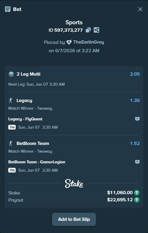 Bet slip: Legacy - FlyQuest, $11,060.00 stake at 1.35 odds, placed by TheEarlinGrey