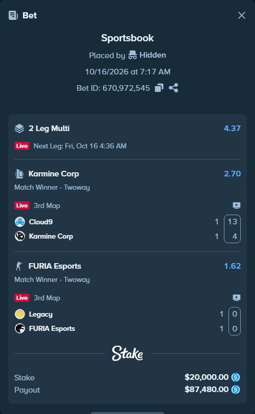 Bet slip: Legacy - FURIA Esports, $20,000.00 stake at 1.62 odds, placed by Hidden