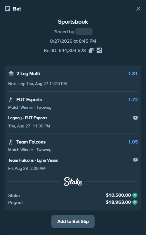 Bet slip: Legacy - FUT Esports, $10,500.00 stake at 1.72 odds, placed by oxorona