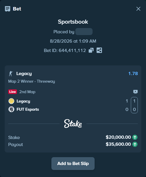 Bet slip: Legacy - FUT Esports, $20,000.00 stake at 1.78 odds, placed by saszakoncza