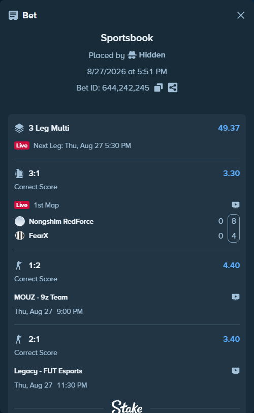 Bet slip: Legacy - FUT Esports, $25,000.00 stake at 3.40 odds, placed by Hidden