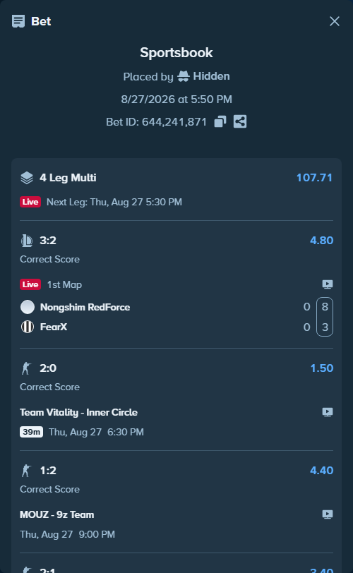 Bet slip: Legacy - FUT Esports, $25,584.13 stake at 3.40 odds, placed by Hidden