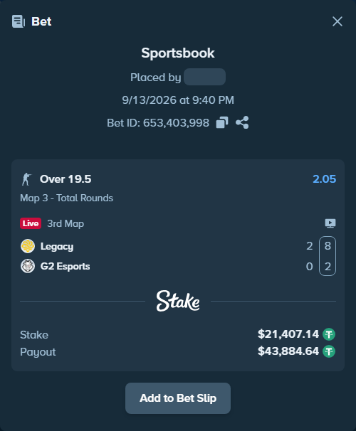 Bet slip: Legacy - G2 Esports, $21,405.00 stake at 2.05 odds, placed by saszakoncza