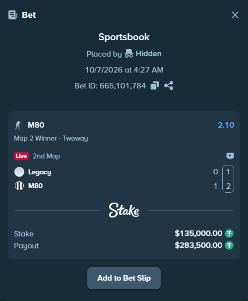 Bet slip: Legacy - M80, $135,000.00 stake at 2.10 odds, placed by Mnt41