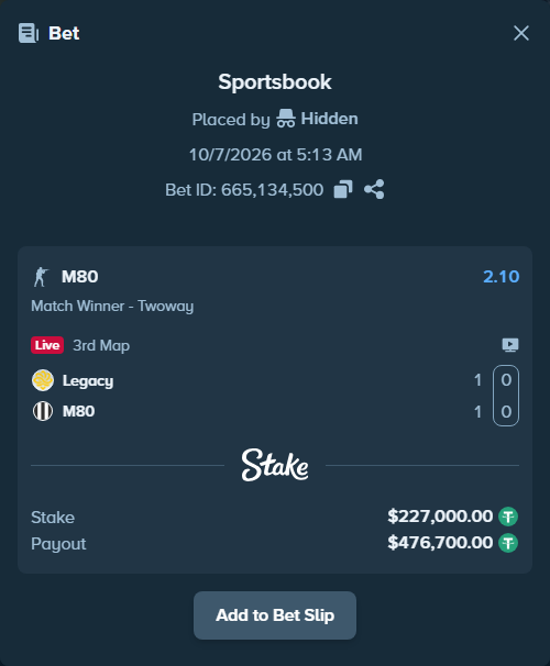 Bet slip: Legacy - M80, $227,000.00 stake at 2.10 odds, placed by Mnt41