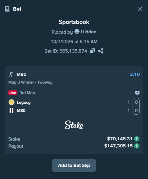 Bet slip: Legacy - M80, $70,145.31 stake at 2.10 odds, placed by Mnt41