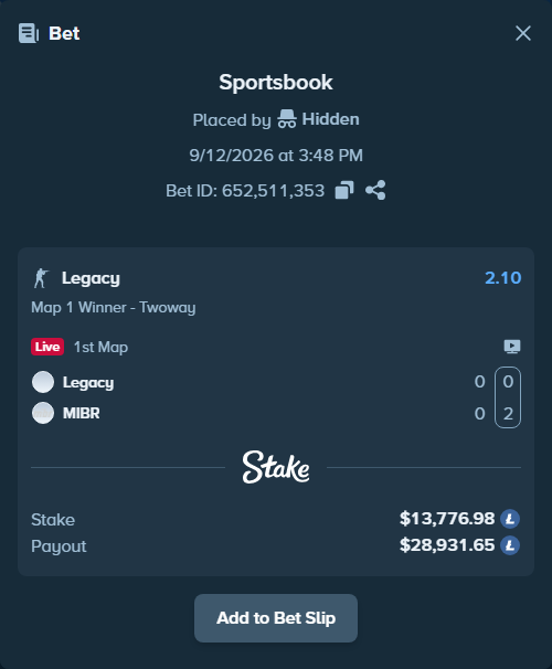 Bet slip: Legacy - MIBR, $13,809.41 stake at 2.10 odds, placed by Hidden