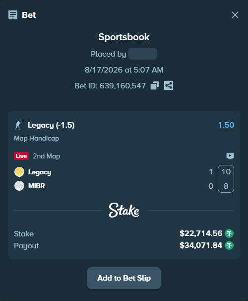 Bet slip: Legacy - MIBR, $22,737.27 stake at 1.50 odds, placed by klalid