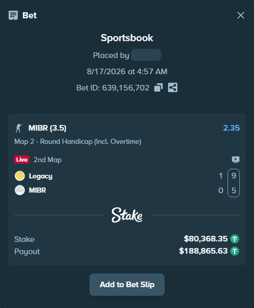 Bet slip: Legacy - MIBR, $80,448.72 stake at 2.35 odds, placed by GoldenKot