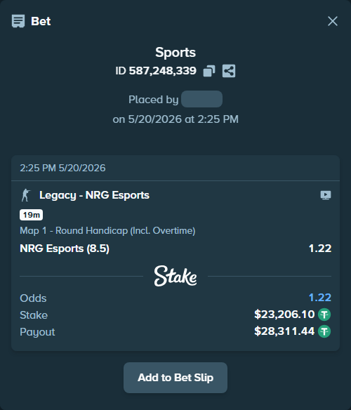 Bet slip: Legacy - NRG Esports, $23,229.31 stake at 1.22 odds, placed by SlavikPR