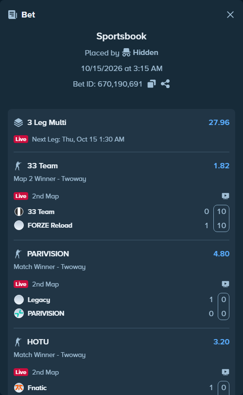 Bet slip: Legacy - PARIVISION, $10,000.00 stake at 4.80 odds, placed by Hidden