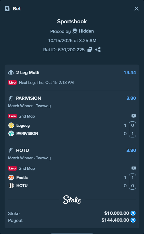 Bet slip: Legacy - PARIVISION, $10,000.00 stake at 3.80 odds, placed by Hidden