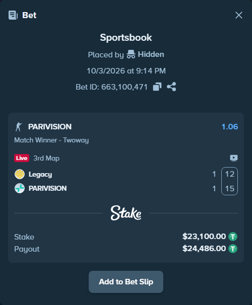 Bet slip: Legacy - PARIVISION, $23,100.00 stake at 1.06 odds, placed by Håvardlied2004