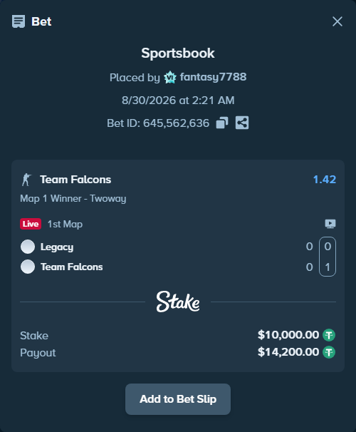 Bet slip: Legacy - Team Falcons, $10,000.00 stake at 1.42 odds, placed by fantasy7788
