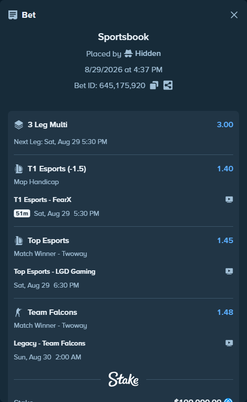 Bet slip: Legacy - Team Falcons, $100,000.00 stake at 1.48 odds, placed by Hidden