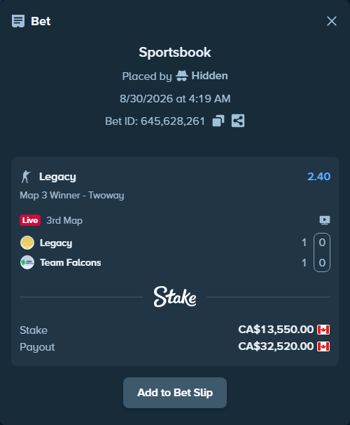Bet slip: Legacy - Team Falcons, $10,027.00 stake at 2.40 odds, placed by Hidden