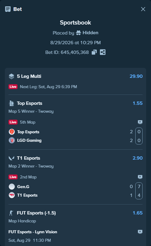 Bet slip: Legacy - Team Falcons, $11,000.00 stake at 2.40 odds, placed by Hidden