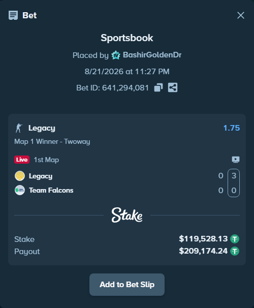 Bet slip: Legacy - Team Falcons, $119,528.13 stake at 1.75 odds, placed by BashirGoldenDr
