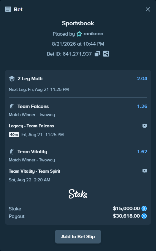 Bet slip: Legacy - Team Falcons, $15,000.00 stake at 1.26 odds, placed by ronikaaa
