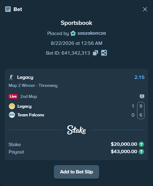 Bet slip: Legacy - Team Falcons, $20,000.00 stake at 2.15 odds, placed by saszakoncza