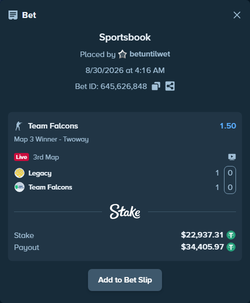 Bet slip: Legacy - Team Falcons, $22,937.31 stake at 1.50 odds, placed by betuntilwet