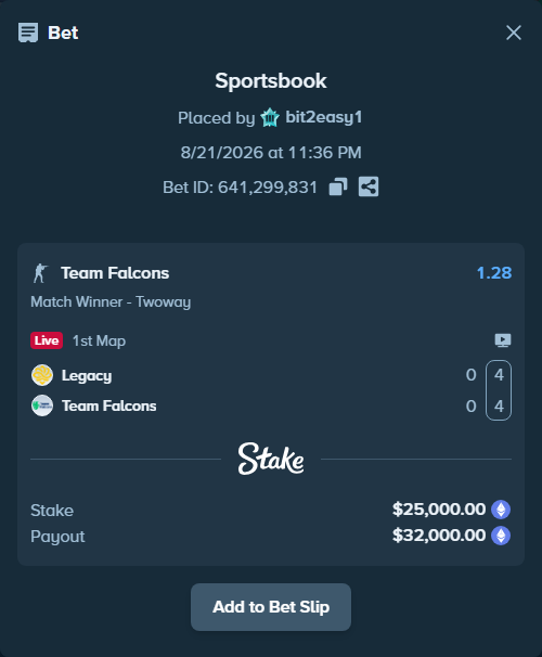 Bet slip: Legacy - Team Falcons, $26,092.06 stake at 1.28 odds, placed by bit2easy1