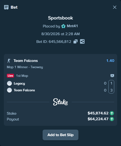 Bet slip: Legacy - Team Falcons, $45,874.62 stake at 1.40 odds, placed by Mnt41