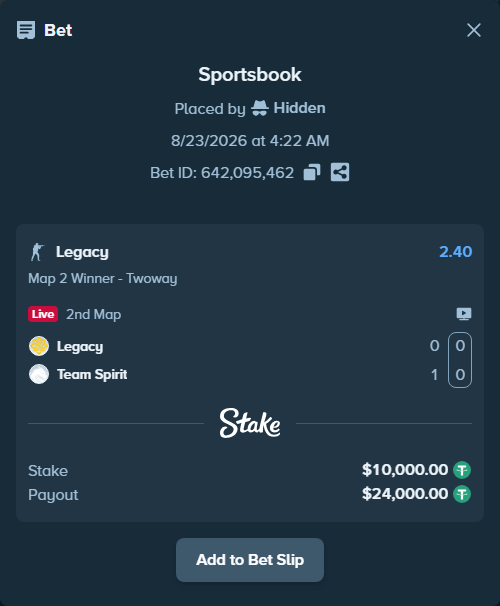 Bet slip: Legacy - Team Spirit, $10,000.00 stake at 2.40 odds, placed by Hidden