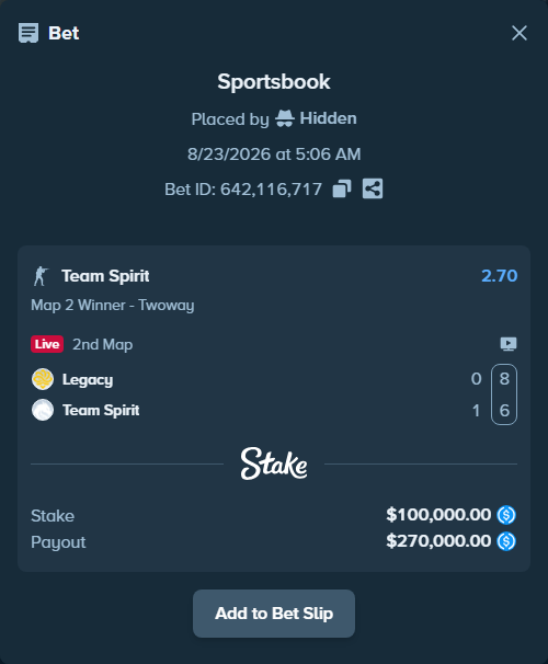 Bet slip: Legacy - Team Spirit, $100,000.00 stake at 2.70 odds, placed by Hidden