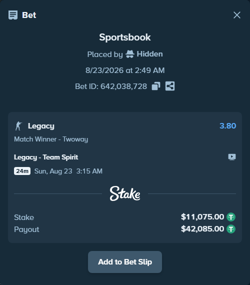 Bet slip: Legacy - Team Spirit, $11,075.00 stake at 3.80 odds, placed by Hidden