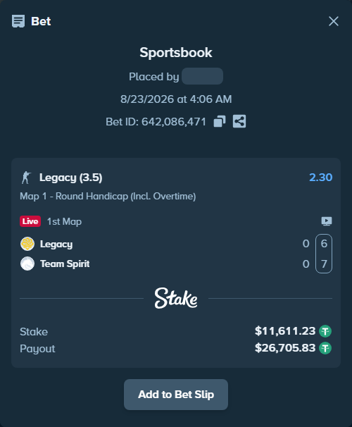 Bet slip: Legacy - Team Spirit, $11,611.23 stake at 2.30 odds, placed by BashirGoldenDr
