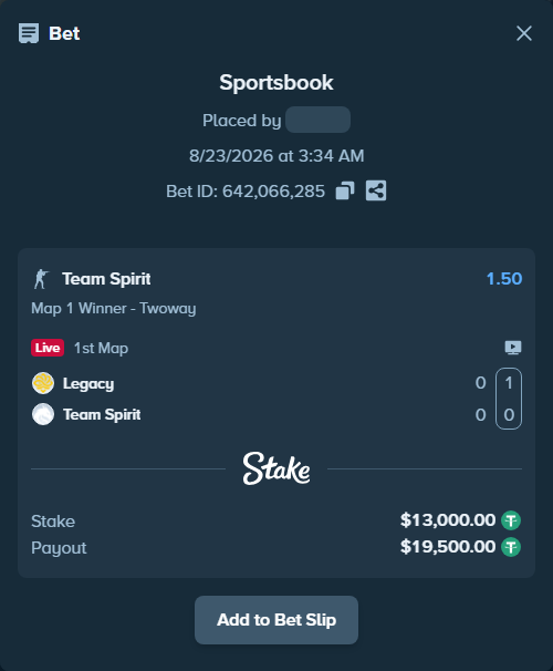 Bet slip: Legacy - Team Spirit, $13,000.00 stake at 1.50 odds, placed by ArturchikKKK