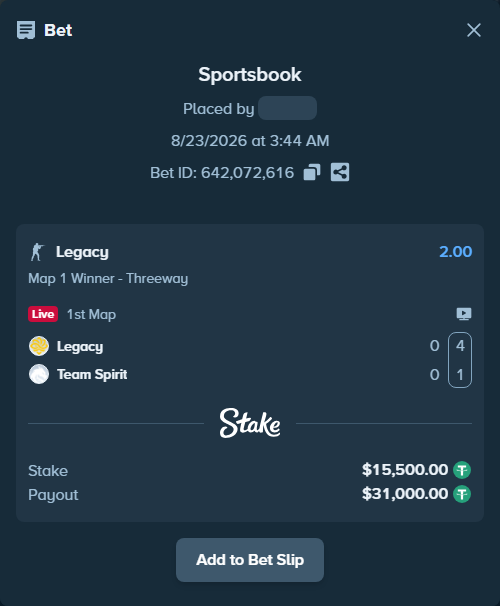 Bet slip: Legacy - Team Spirit, $15,500.00 stake at 2.00 odds, placed by saszakoncza