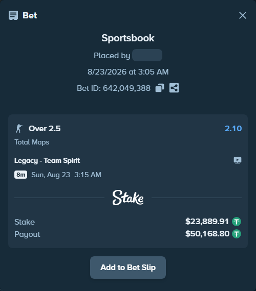Bet slip: Legacy - Team Spirit, $23,889.91 stake at 2.10 odds, placed by crasa
