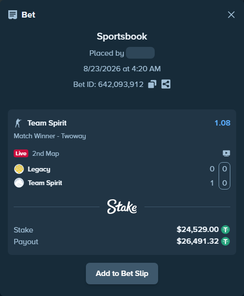 Bet slip: Legacy - Team Spirit, $24,529.00 stake at 1.08 odds, placed by antoniku