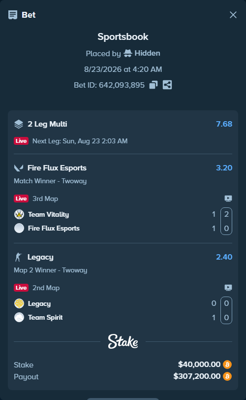 Bet slip: Legacy - Team Spirit, $40,087.60 stake at 2.40 odds, placed by Hidden